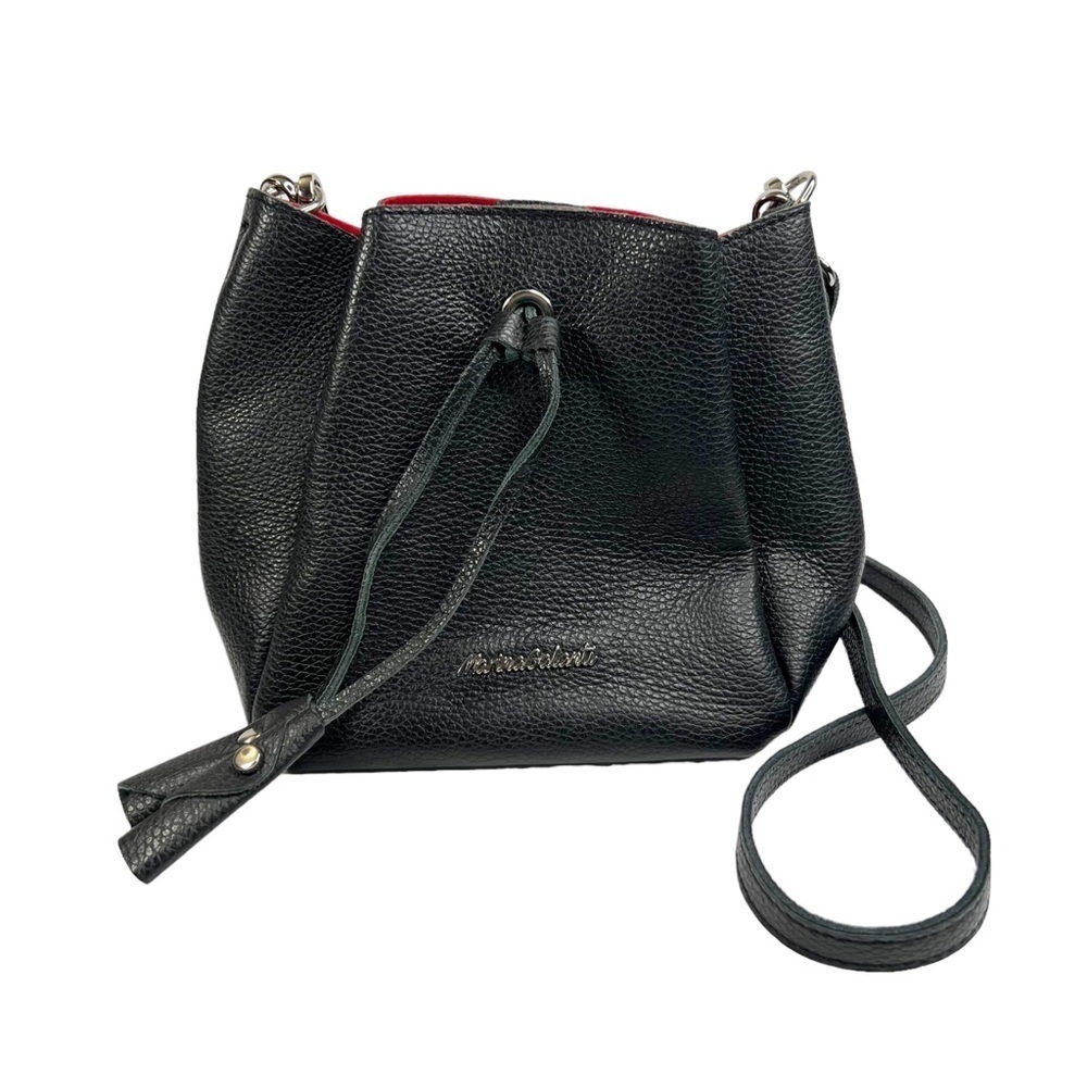 Marina Galanti Black Pebbled Leather Drawstring Crossbody Purse Bag